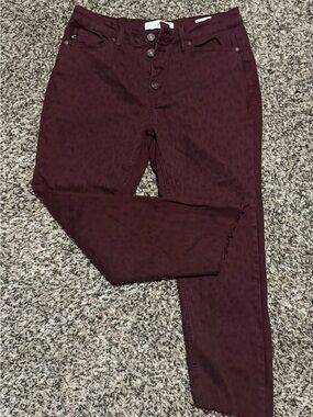 KanCan Women's Burgundy leopard print Button-Fly Skinny Jeans